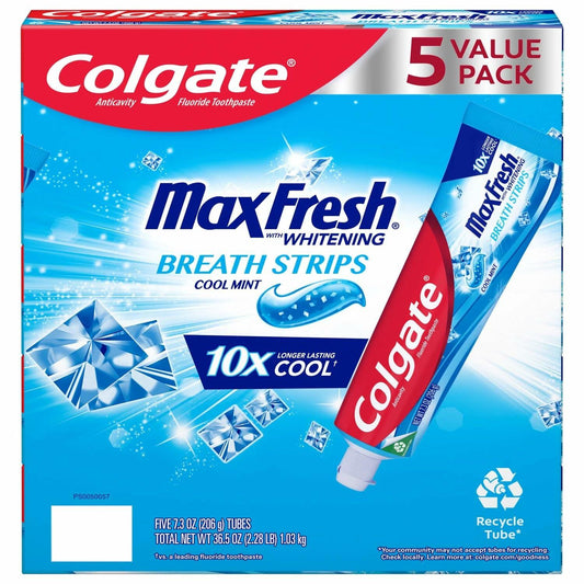 Colgate Max Fresh Cool Mint Toothpaste with Mini Breath Strips, 7.3 oz, 5-Pack, Whitening and Cavity Protection