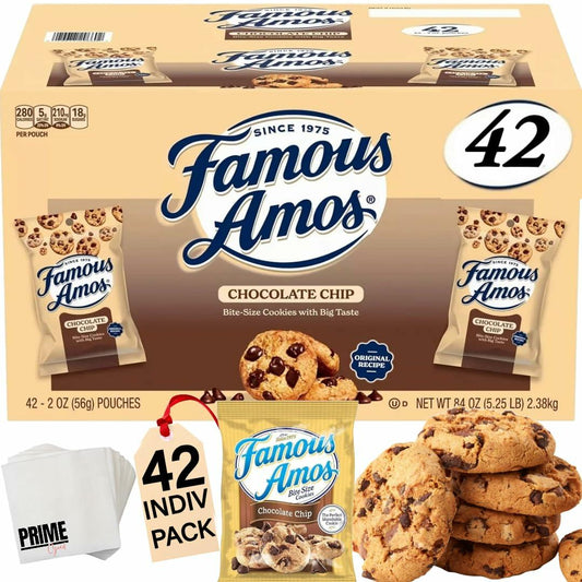 PRIME GRADE Famous Amos Chocolate Chip Cookies, 42ct of 2oz Bags, Bundle Vaule Box