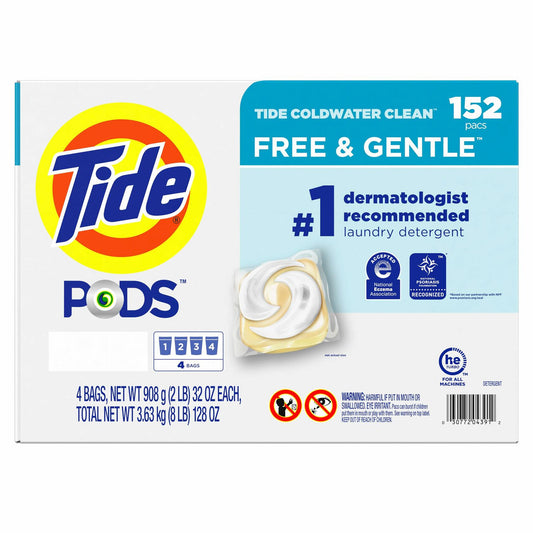 Tide PODS Liquid Laundry Detergent Pacs Free & Gentle 152-count, LARGE, White