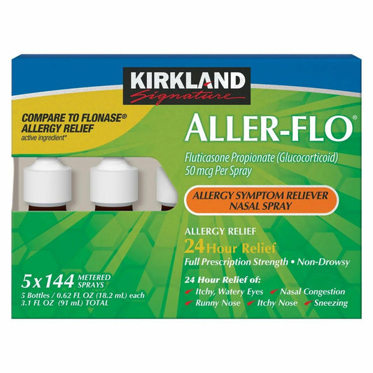 Kirkland Signature Aller-Flo Fluticasone Propionate (Glucorticoid) 5 Bottles x 144 Metered Sprays 0.62 Fl OZ per Bottle, 700 Total Sprays, 1-Pack