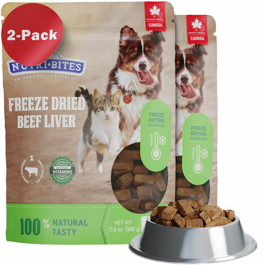 Nutri Bites Freeze Dried Beef Liver Dog Food 2-Pack: 28 oz Total Weight - Single Ingredient: Beef Liver - Protein & Grain-Free Supplement - Use as Kibble Topper or Dog Treats for Dogs - Made in Canada