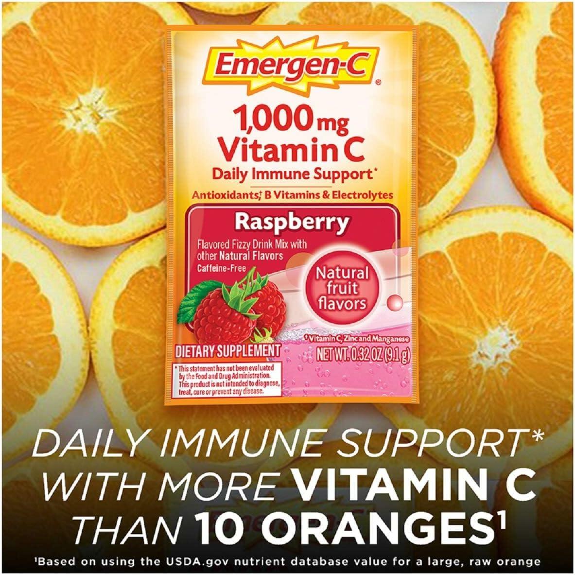 Emergen-C 1000mg Vitamin C Powder, with Antioxidants, B Vitamins and Electrolytes, Immunity Supplements for Immune Support, Caffeine Free Fizzy Drink Mix, Raspberry Flavor, 0.32 Ounce (Pack of 30)