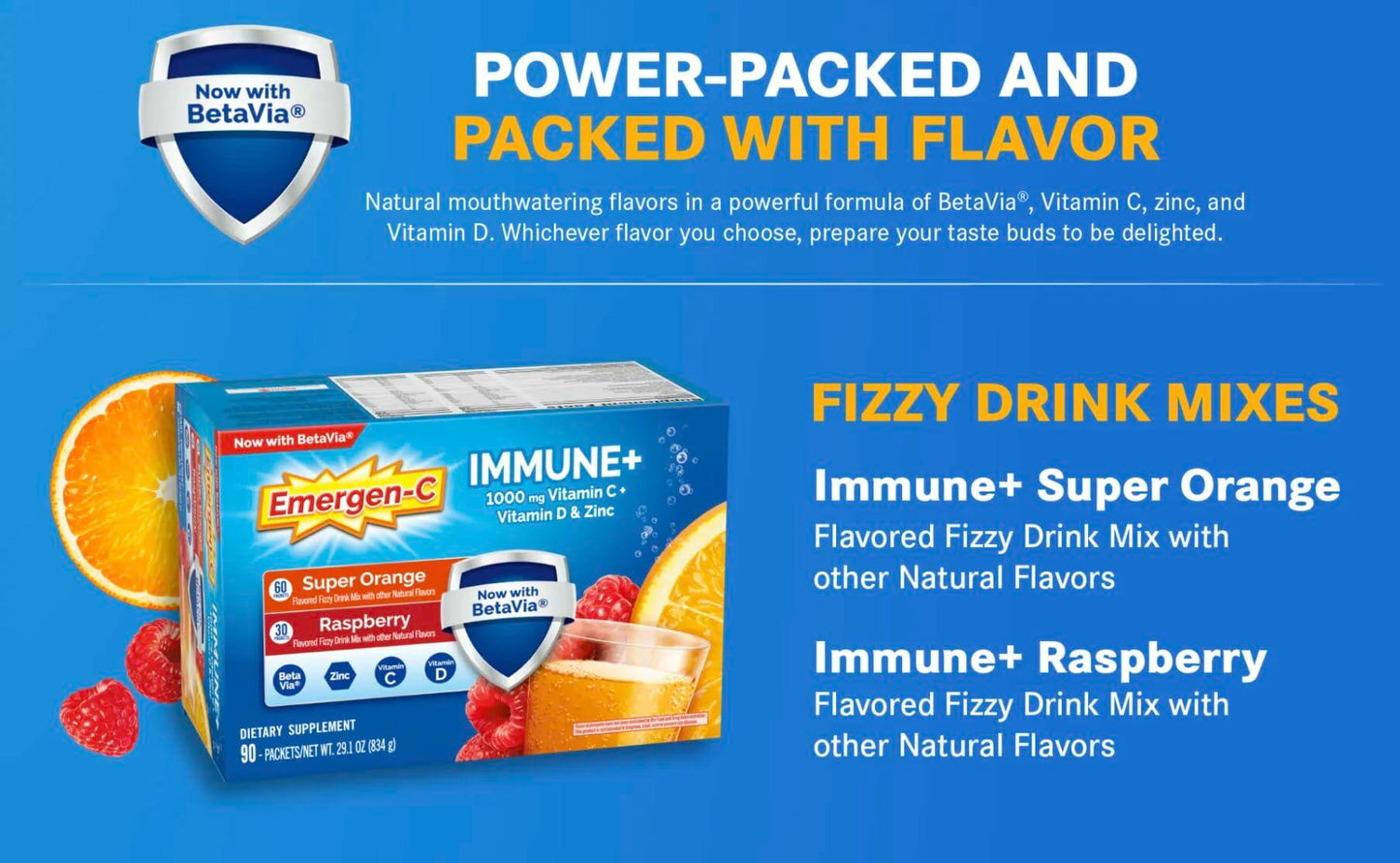 Emergen-C Immune+ 1000 mg Vitamin C + Vitamin D & Zinc, (Super Orange 60 Ct/Raspberry 30Ct) 90 Packets
