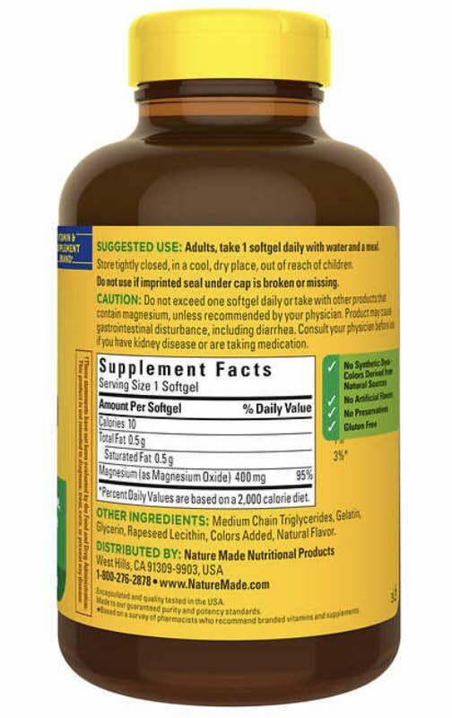 Nature Made Magnesium 400 mg Oxide Extra Strength 180 softgels, 180 Supply Days-1 Softgel Daily with Water and a Meal- Bundeled with nalkot-Suppliment Guide