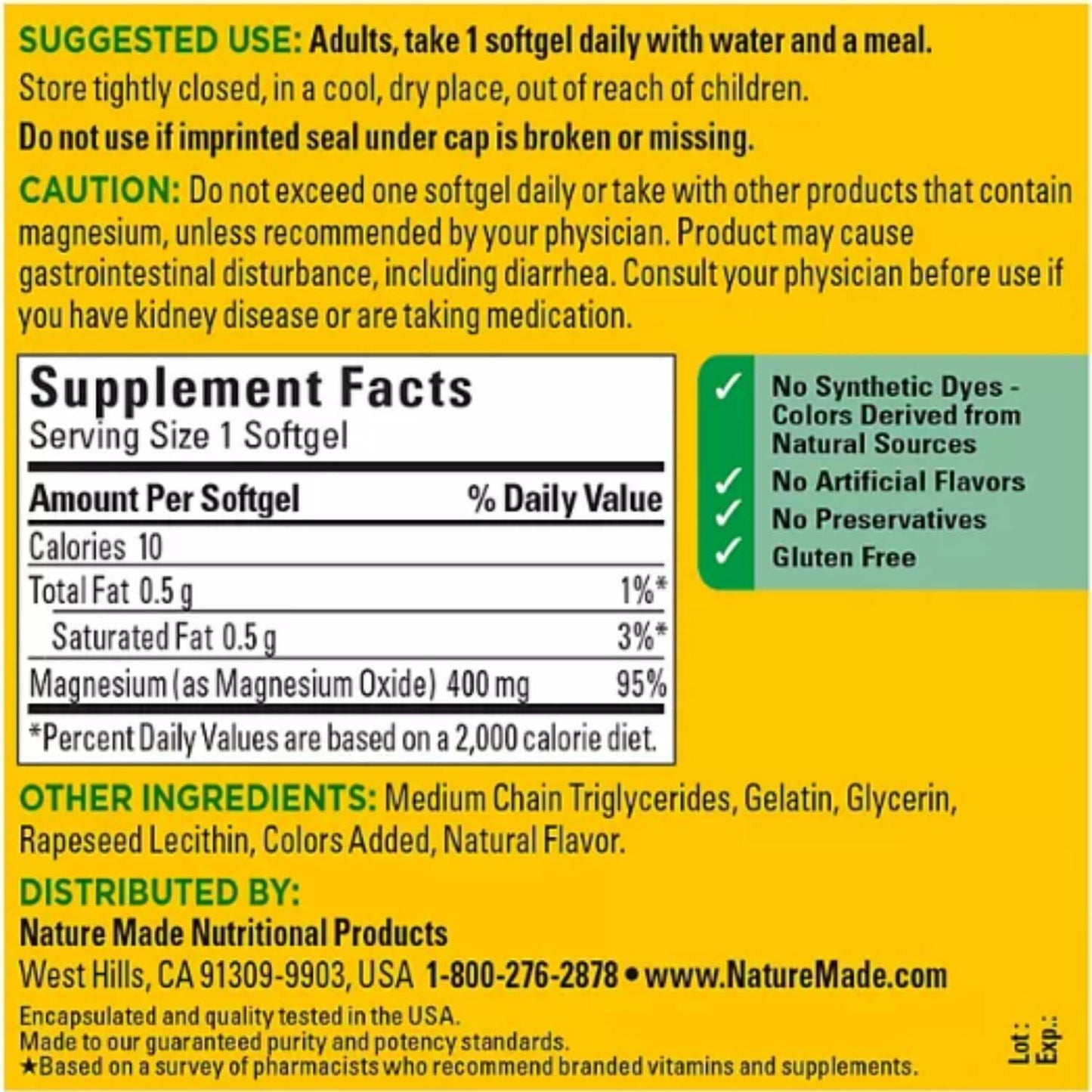 Nature Made Magnesium 400 mg Oxide Extra Strength 180 softgels, 180 Supply Days-1 Softgel Daily with Water and a Meal- Bundeled with nalkot-Suppliment Guide