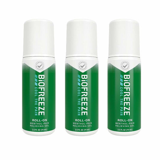 Biofreeze 13451 Roll-On Pain-Relieving Gel, 2.5 FL oz, Green Topical, Arthritis, Strains, Bruises, & Sprains (7.5 Fl Oz (Pack of 3), 3, Count)