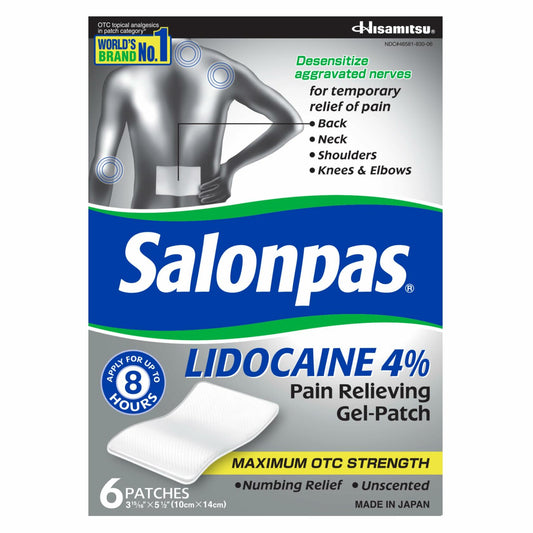 Salonpas Lidocaine 4% Pain Relieving Gel-Patch, 6 Count, for Back, Neck, Shoulder, Knee & Elbow Pain