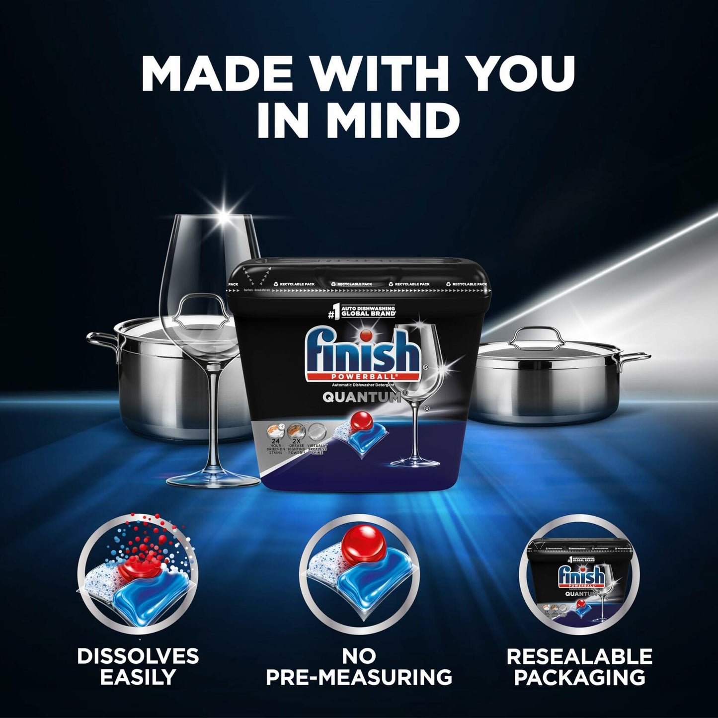 Finish Quantum Dishwasher Pods, No Pre-Rinse Detergent For 24HR Dried-On Stain & Grease, 82 Count