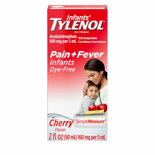 Infants' Tylenol Liquid Pain Relief and Fever Medicine, Oral Suspension, Dye-Free Acetaminophen for Sore Throat, Headache & Teething, Fever Reducer for Kids; Cherry Flavor, 2 fl. oz.; Pack of 1
