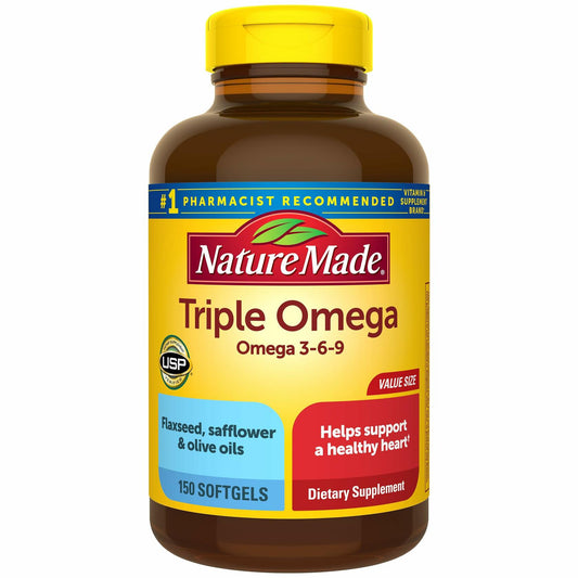 Nature Made Triple Omega 3 6 9 Supplements, Flaxseed, Safflower & Olive Oils, Fish Free Omega 3 Fatty Acid Supplement, 150 Softgels, 75 Day Supply