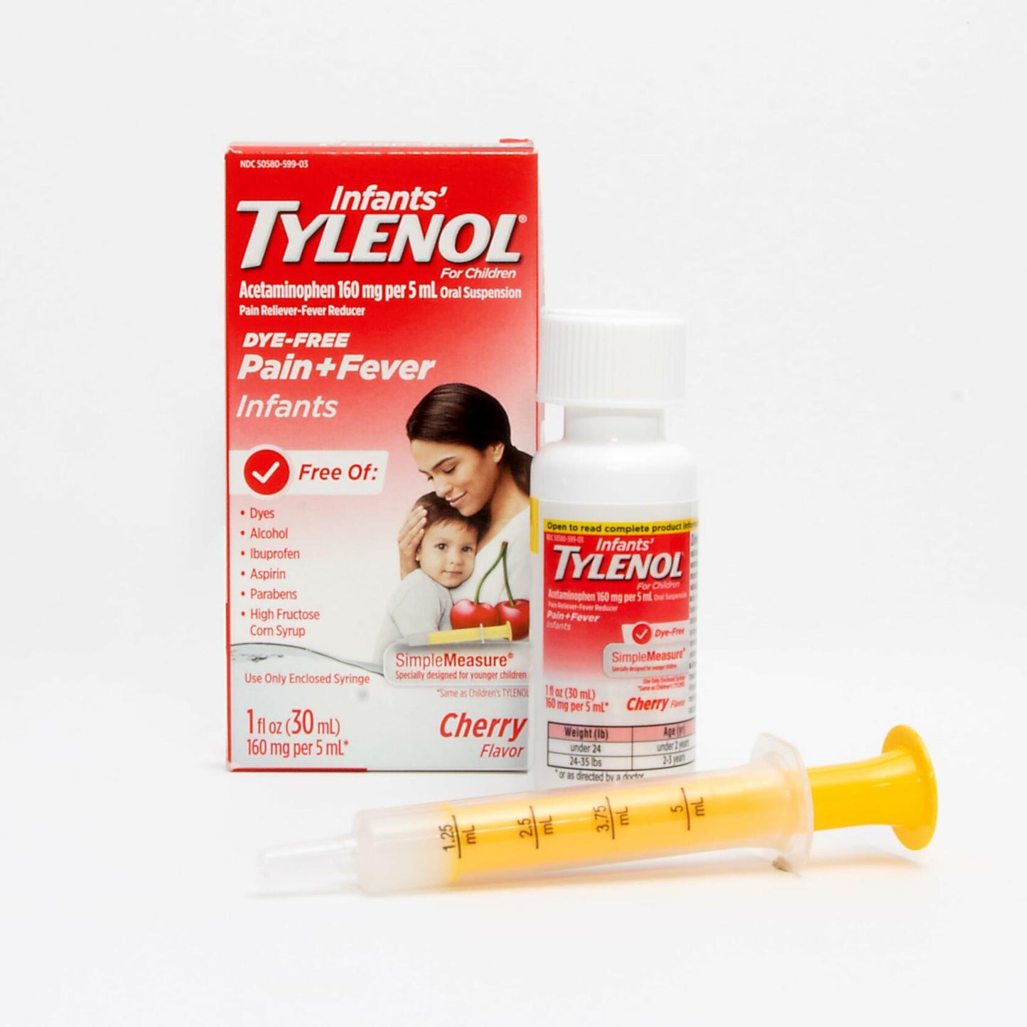 Infants' Tylenol Liquid Pain Relief and Fever Medicine, Oral Suspension, Dye-Free Acetaminophen for Sore Throat, Headache & Teething, Fever Reducer for Kids; Cherry Flavor, 2 fl. oz.; Pack of 1