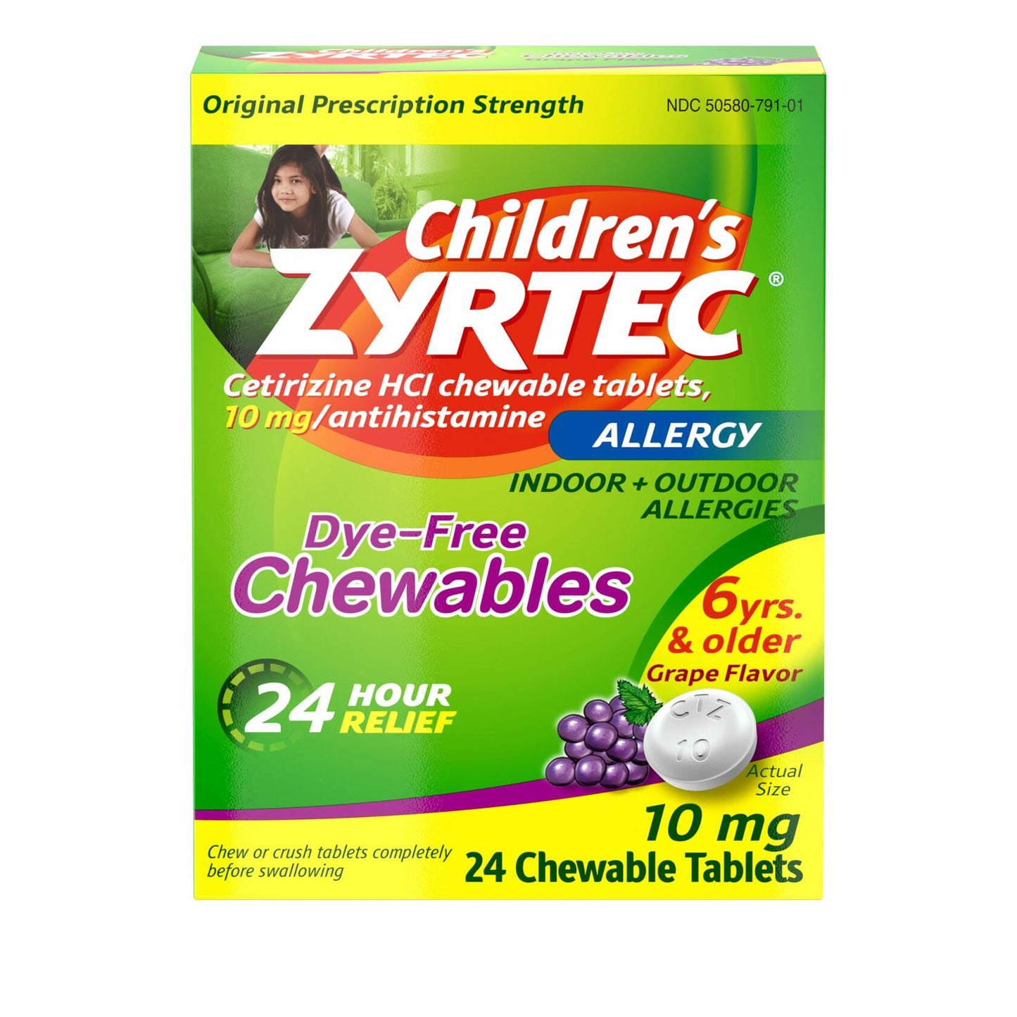 Zyrtec Children's Dye-Free Chewables for 24 Hour Allergy Relief, 10 mg Cetirizine Hydrochloride Antihistamine Tablets, Kids Allergy Medicine Relieves Sneezing & Itchy Throat, Grape, 24 ct