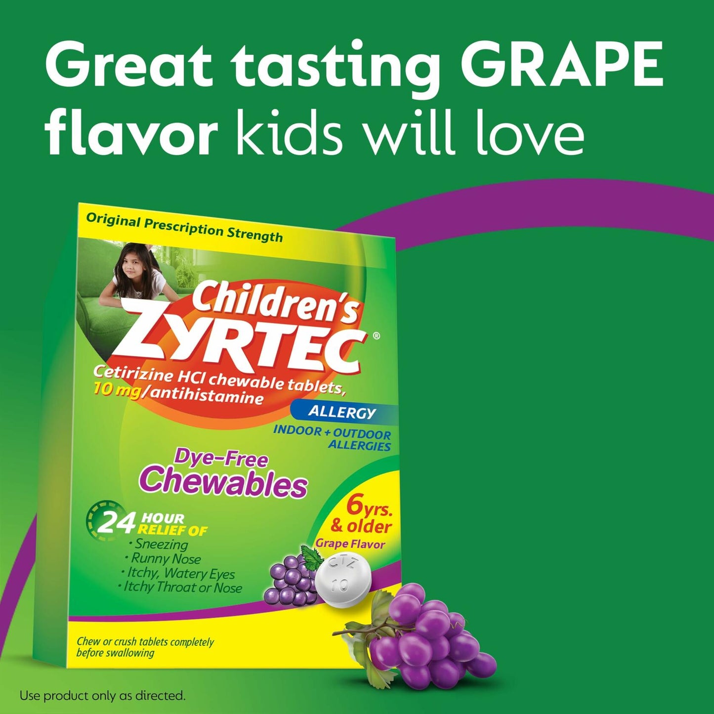 Zyrtec Children's Dye-Free Chewables for 24 Hour Allergy Relief, 10 mg Cetirizine Hydrochloride Antihistamine Tablets, Kids Allergy Medicine Relieves Sneezing & Itchy Throat, Grape, 24 ct