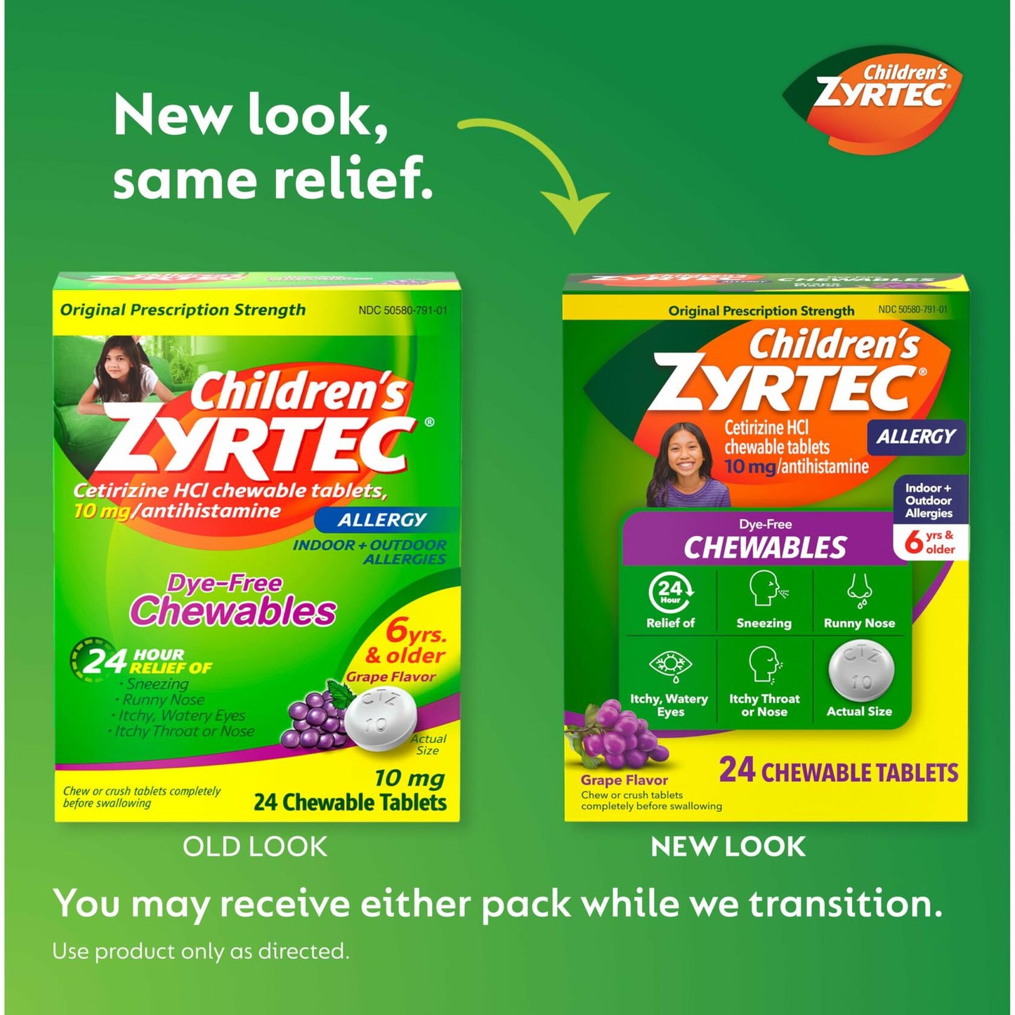 Zyrtec Children's Dye-Free Chewables for 24 Hour Allergy Relief, 10 mg Cetirizine Hydrochloride Antihistamine Tablets, Kids Allergy Medicine Relieves Sneezing & Itchy Throat, Grape, 24 ct
