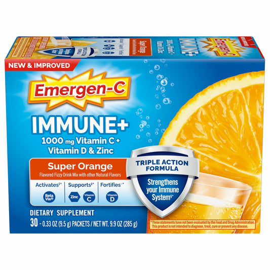 Emergen-C Immune+ Triple Action Immune Support Powder, BetaVia (R), 1000mg Vitamin C, B Vitamins, Vitamin D and Antioxidants, Super Orange – 30 Count (Pack of 1)