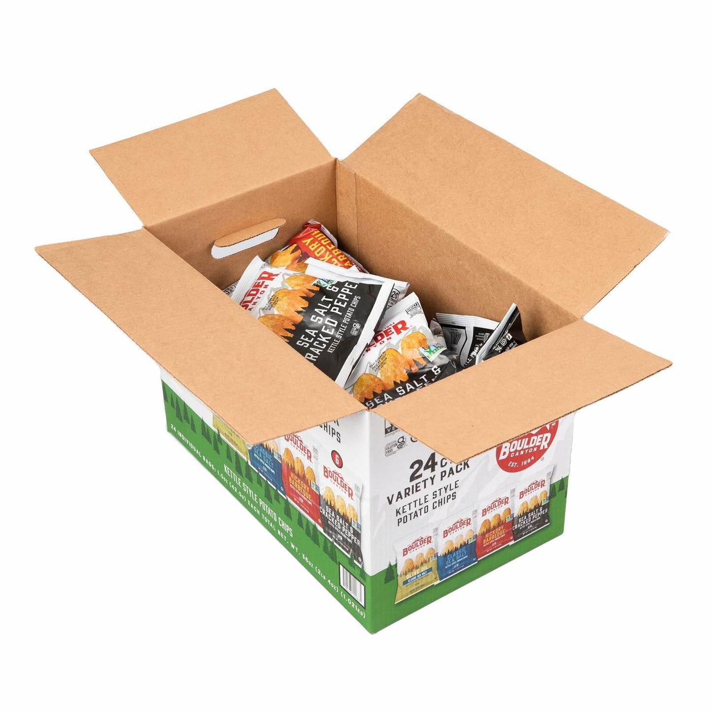 Boulder Canyon Kettle Style Potato Chips Variety Pack, 24 Count, Assorted 1.5oz. Bags, Olive Oil Classic Sea salt, Hickory BBQ, Sea Salt & Cracked Pepper, Classic Sea salt