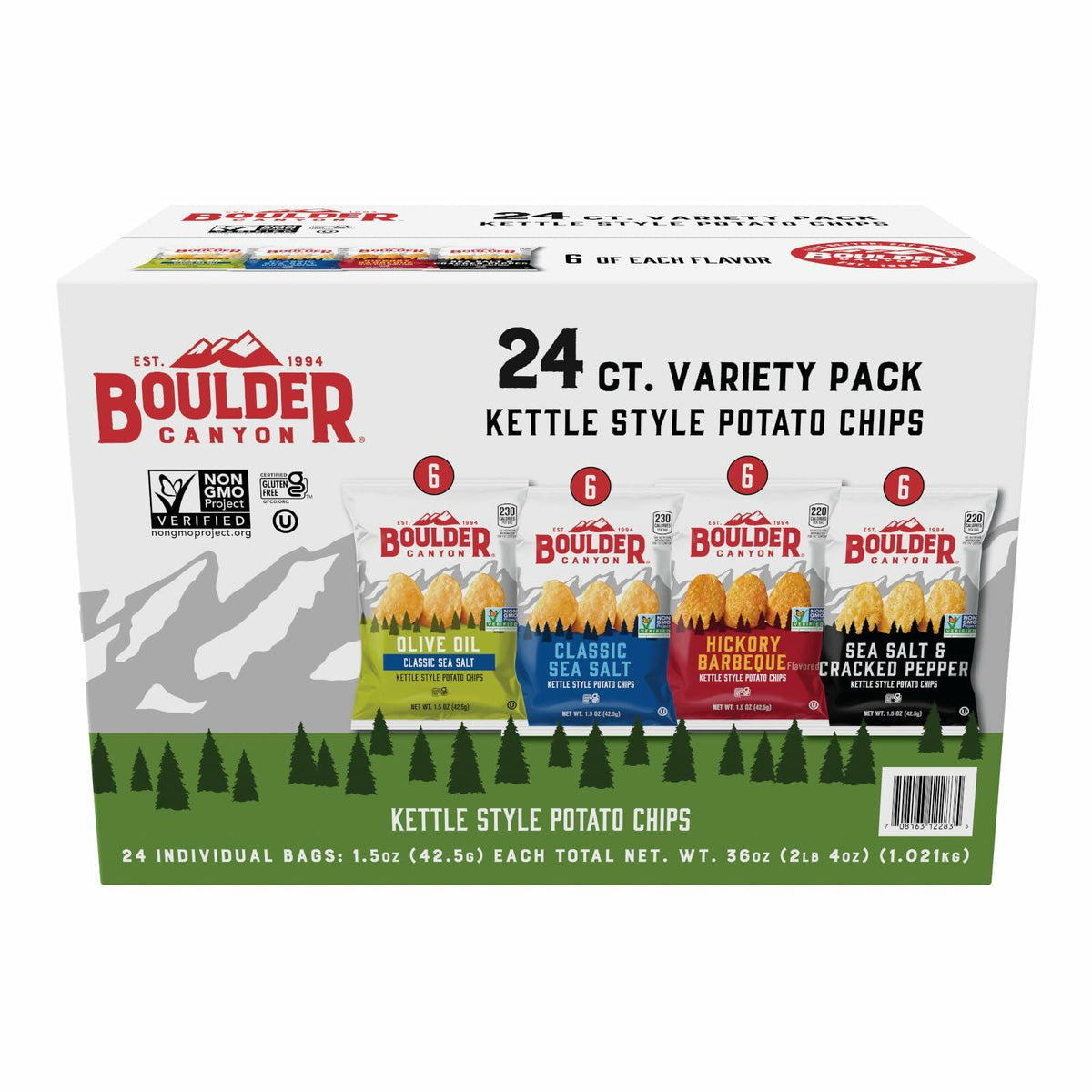Boulder Canyon Kettle Style Potato Chips Variety Pack, 24 Count, Assorted 1.5oz. Bags, Olive Oil Classic Sea salt, Hickory BBQ, Sea Salt & Cracked Pepper, Classic Sea salt