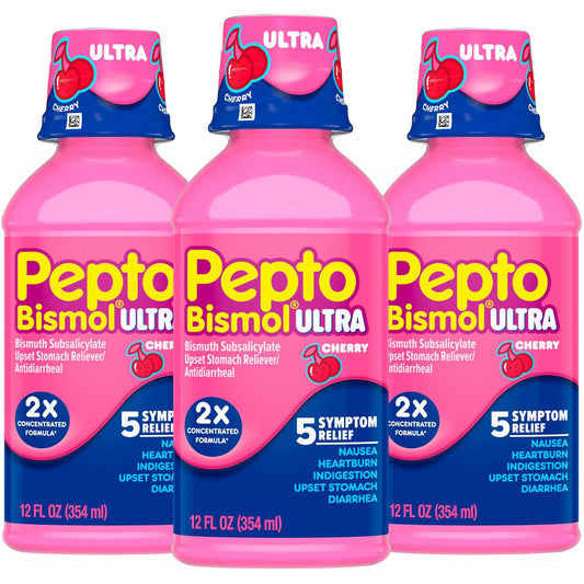 Pepto Bismol Liquid Ultra for Nausea, Heartburn, Indigestion, Upset Stomach, and Diarrhea - 5 Symptom Fast Relief, Cherry Flavor 12 oz (Pack of 3)