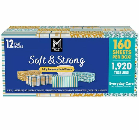 Member's Mark Member's Mark Soft & Strong Facial Tissues, 12 Flat Boxes, 160 2-ply Tissues Per Box