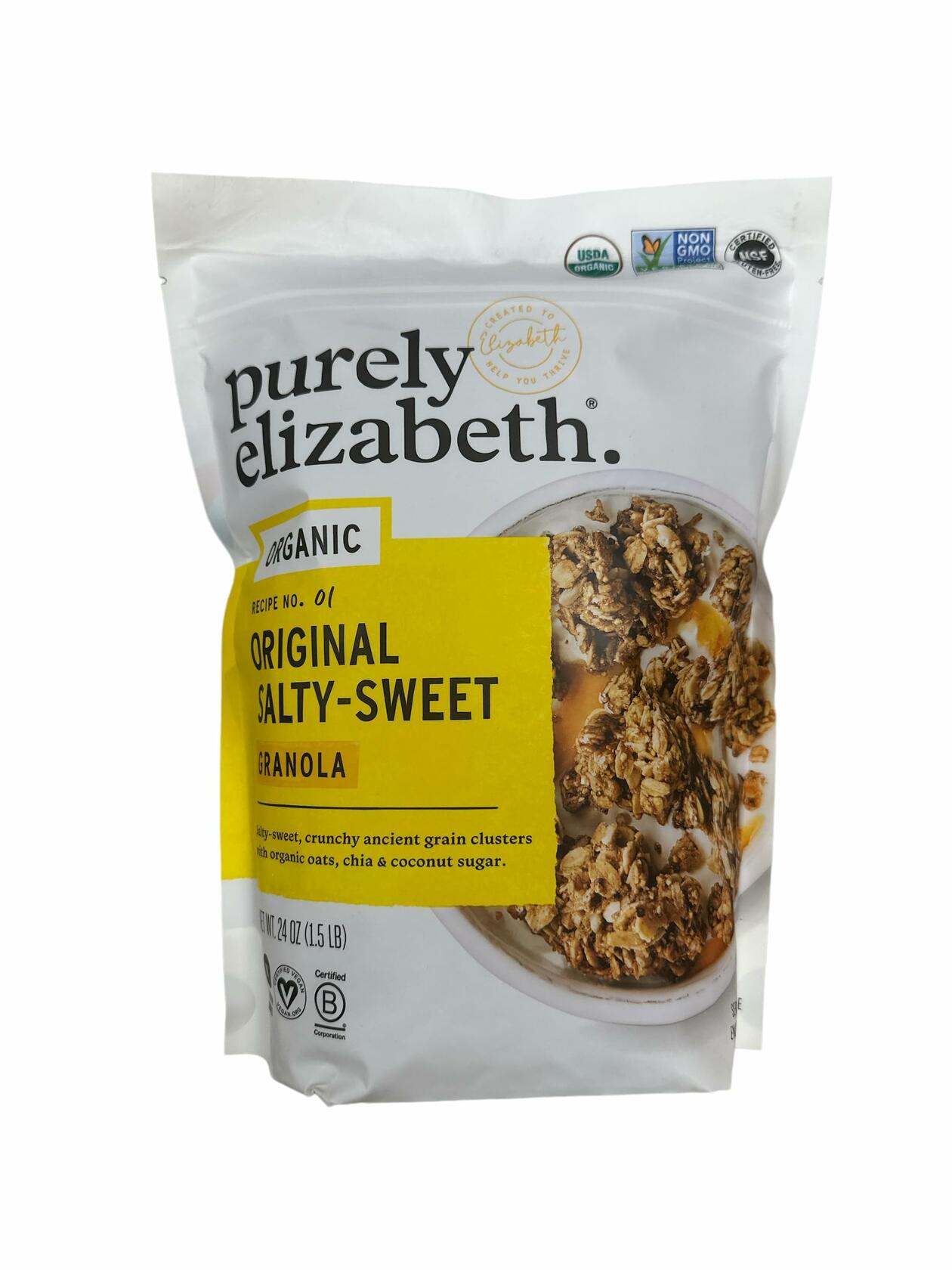 Purely Elizabeth Organic Original Salty-Sweet, Ancient Grain Granola, Gluten-Free, Non-GMO (1 Ct, 24oz Bag) + Logic Dealz Zip Loc Baggie-To-Go