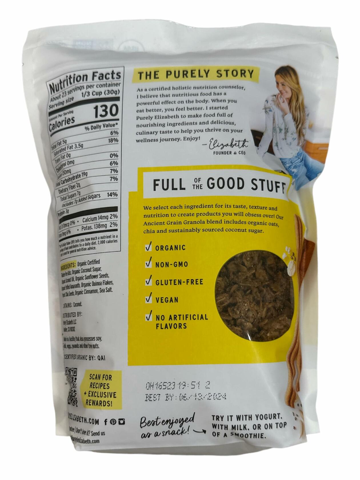 Purely Elizabeth Organic Original Salty-Sweet, Ancient Grain Granola, Gluten-Free, Non-GMO (1 Ct, 24oz Bag) + Logic Dealz Zip Loc Baggie-To-Go