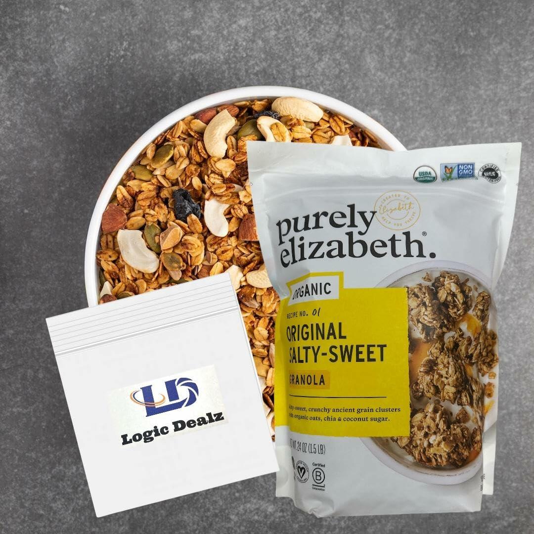 Purely Elizabeth Organic Original Salty-Sweet, Ancient Grain Granola, Gluten-Free, Non-GMO (1 Ct, 24oz Bag) + Logic Dealz Zip Loc Baggie-To-Go