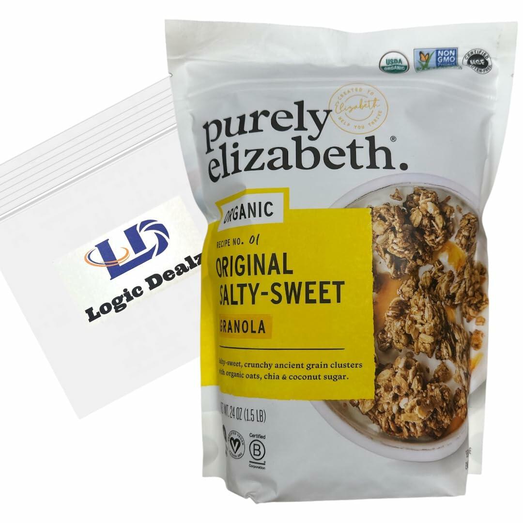 Purely Elizabeth Organic Original Salty-Sweet, Ancient Grain Granola, Gluten-Free, Non-GMO (1 Ct, 24oz Bag) + Logic Dealz Zip Loc Baggie-To-Go