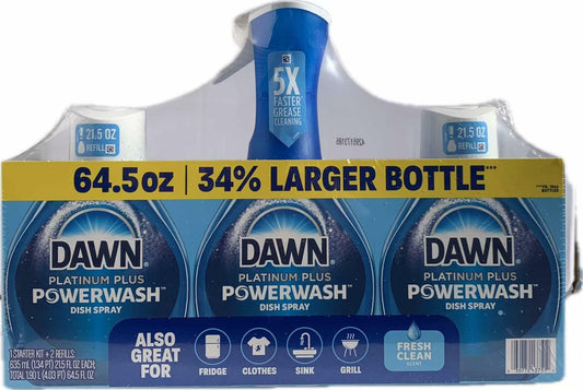 Dawn Platinum Powerwash, Fresh Scent, 1 Starter Kit + 2 Refills (21.5oz each - 3 Piece Set)