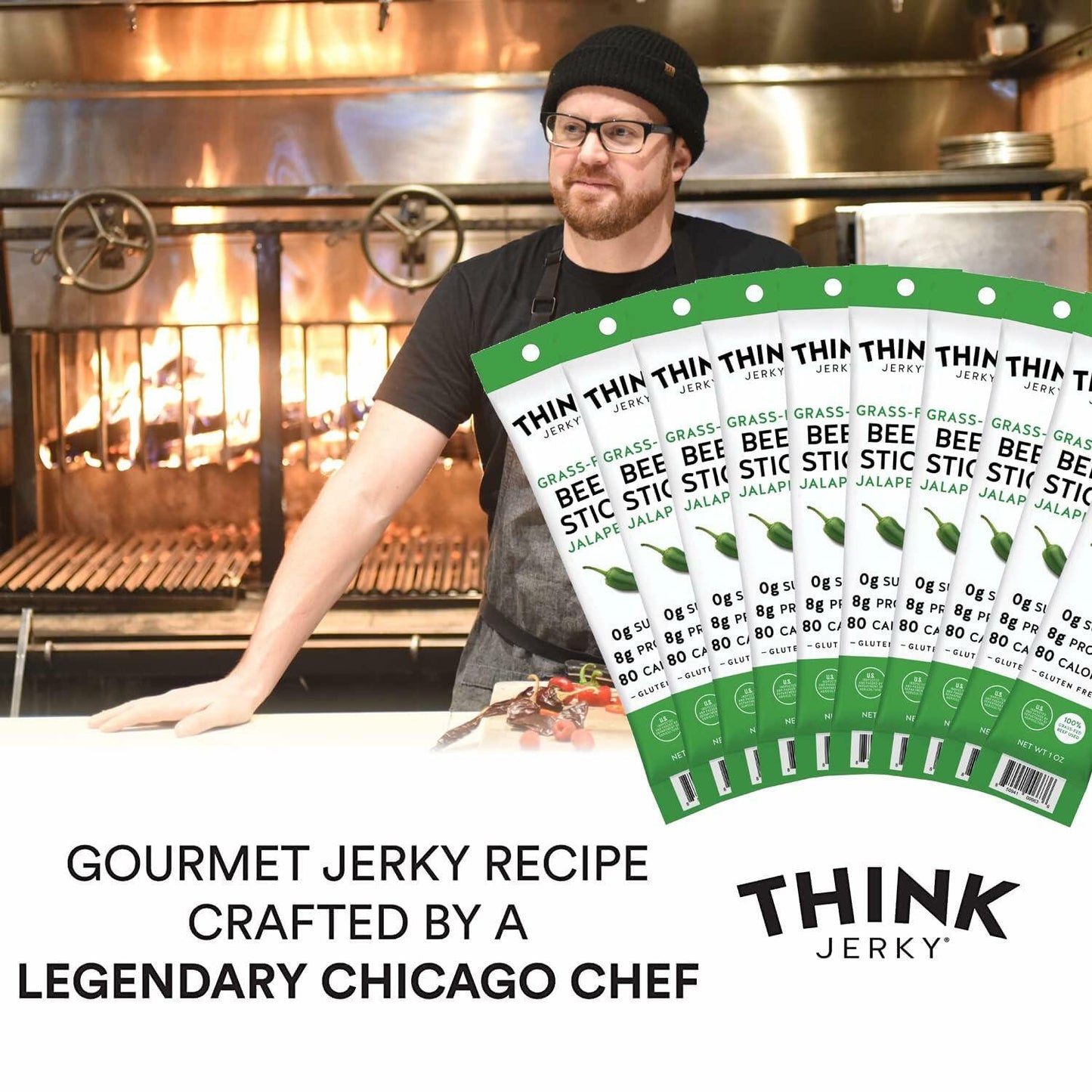 Think Jerky, Jalapeno Grass-Fed Beef Sticks 1 Ounce (Pack of 5) - Sugar Free, Gluten Free, No Nitrates, Keto Friendly, Paleo, High Protein, Low Carb
