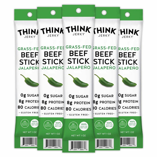Think Jerky, Jalapeno Grass-Fed Beef Sticks 1 Ounce (Pack of 5) - Sugar Free, Gluten Free, No Nitrates, Keto Friendly, Paleo, High Protein, Low Carb