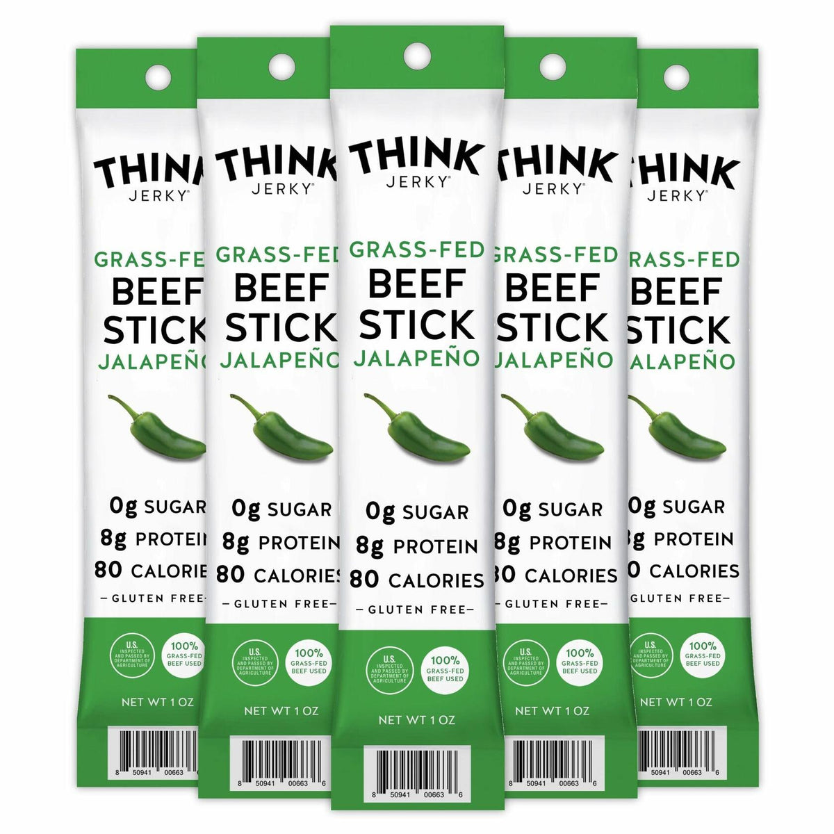 Think Jerky, Jalapeno Grass-Fed Beef Sticks 1 Ounce (Pack of 5) - Sugar Free, Gluten Free, No Nitrates, Keto Friendly, Paleo, High Protein, Low Carb