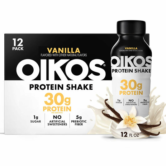 Oikos Protein Shake, Vanilla, 30g Protein, Shelf Stable Protein Drink with 5g Prebiotic Fiber, 12 fl oz Bottle, 12 Count