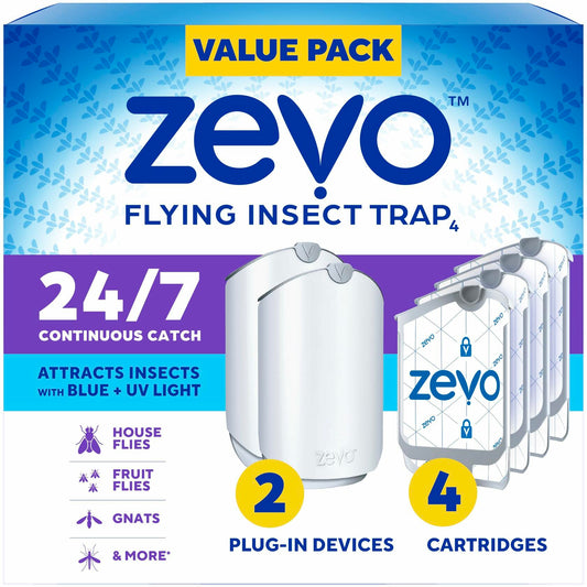 Zevo 2 Flying Insect Traps & 4 Cartridges - Plug In Fly Trap & Indoor Bug Catcher for Gnats, House & Fruit Flies - Mess-Free - Use in Any Room - Uses Blue & UV Light (2 Plug In Devices & 4 Cartridges)