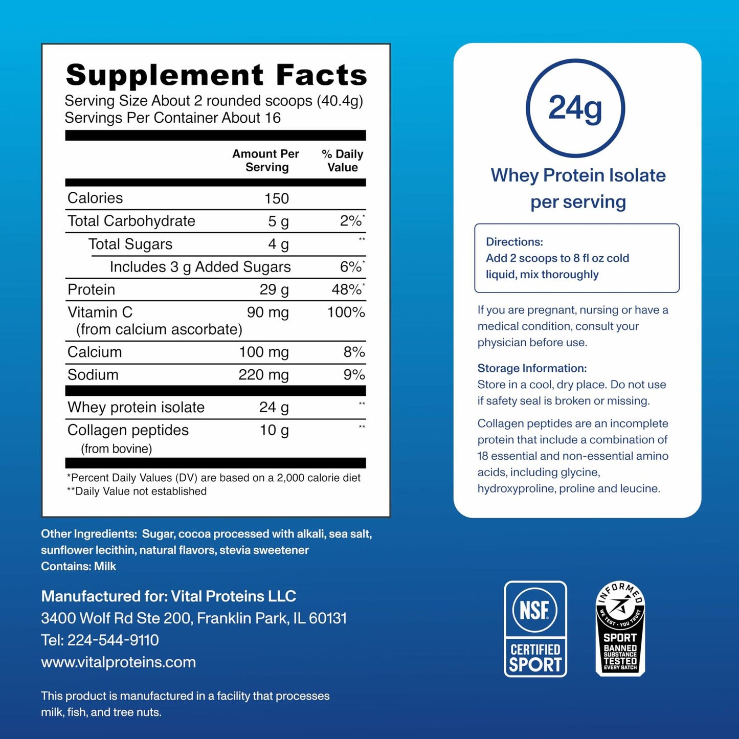 Vital Proteins Whey Protein Powder+ Collagen Peptides, 24g Protein Supporting Recovery & Joint Health, with Vitamin C, About 16 Servings - Chocolate 22.8oz