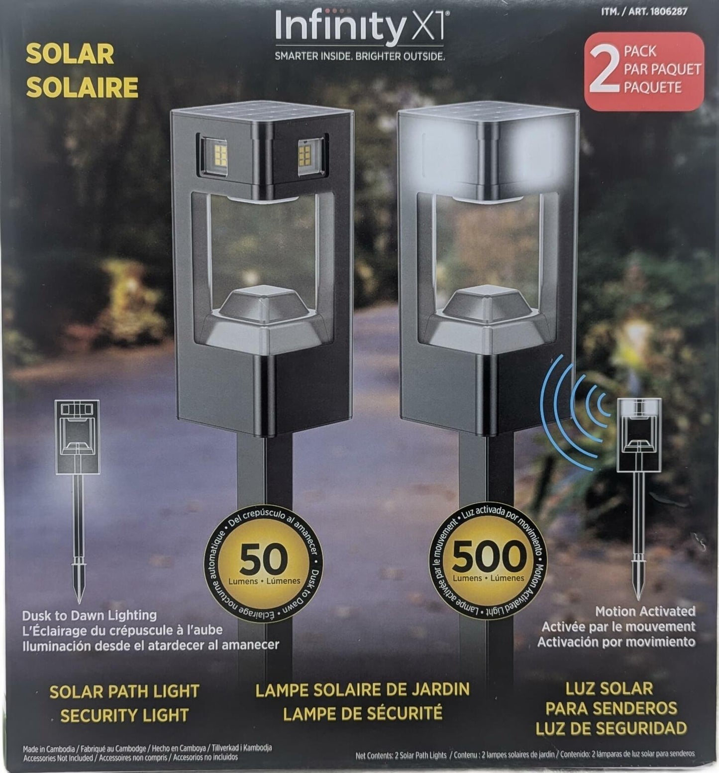Infinity X1 Solar Path & Motion Security Lights (2-Pack) – 500 Lumens Motion Activated, 50 Lumens Dusk-to-Dawn, IPX4 Weatherproof, 360° Detection, Outdoor LED Stake Lights for Yard, Walkway & Garden