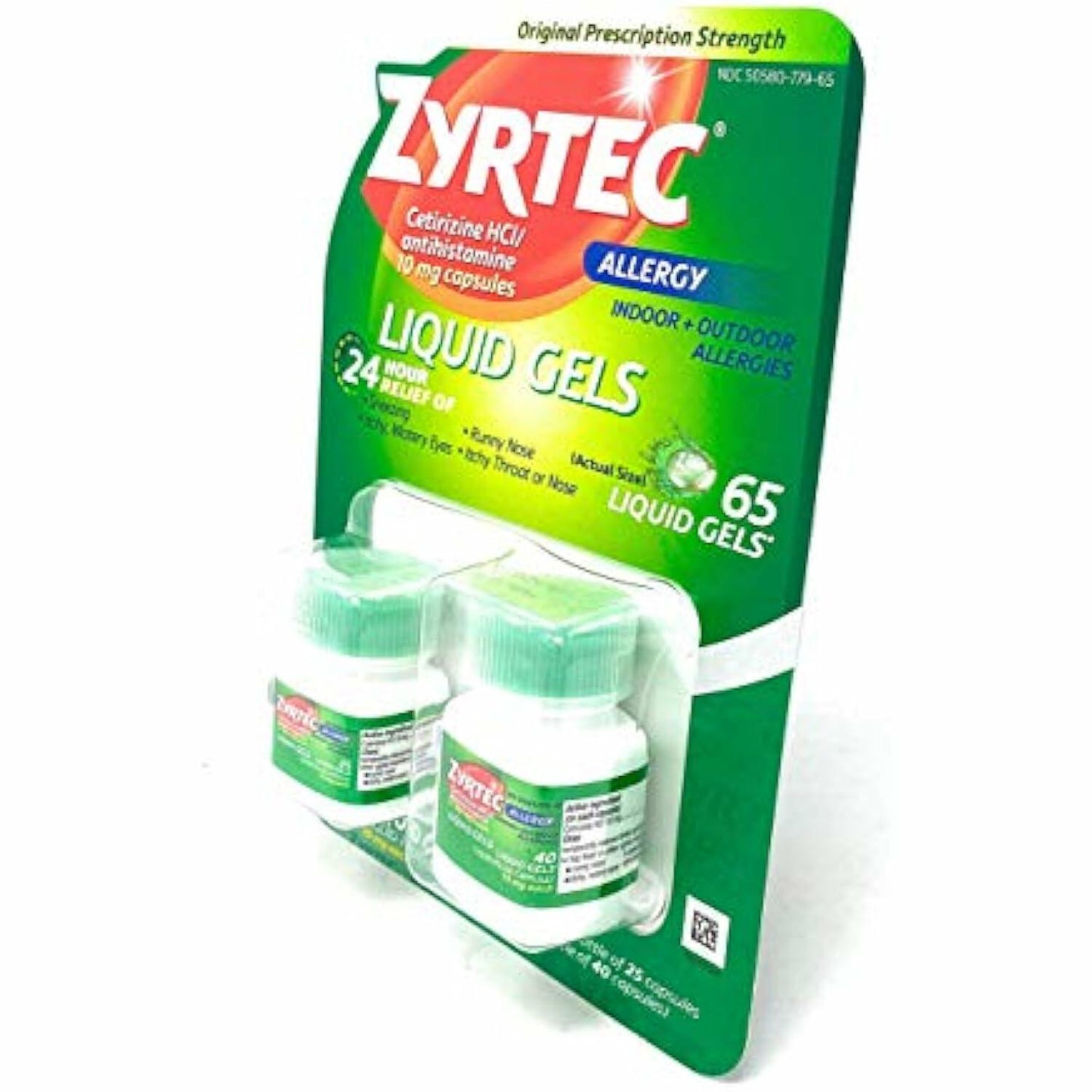 Zyrtec Cetirizine HCI/ Antihistamine 10mg 65 Liquid Gels One Bottle of 25 and One Bottle of 40