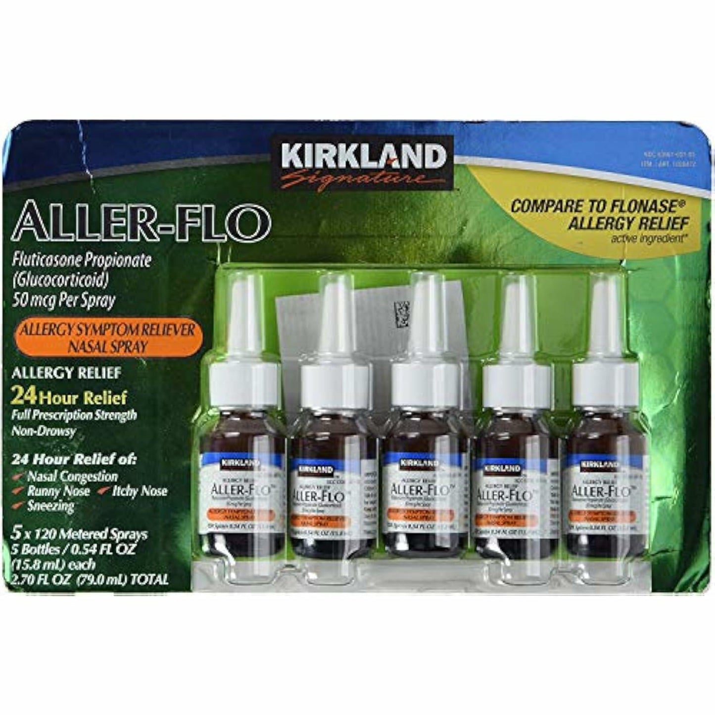 KIRKLAND Signature Aller-Flo Fluticasone Propionate (Glucorticoid) 5 Bottles x 120 Metered Sprays 0.54 Fl OZ per Bottle (15.8 mL x 5) 2.70 OZ Total (79 mL Total) 600 Total Sprays Total, 1-Pack