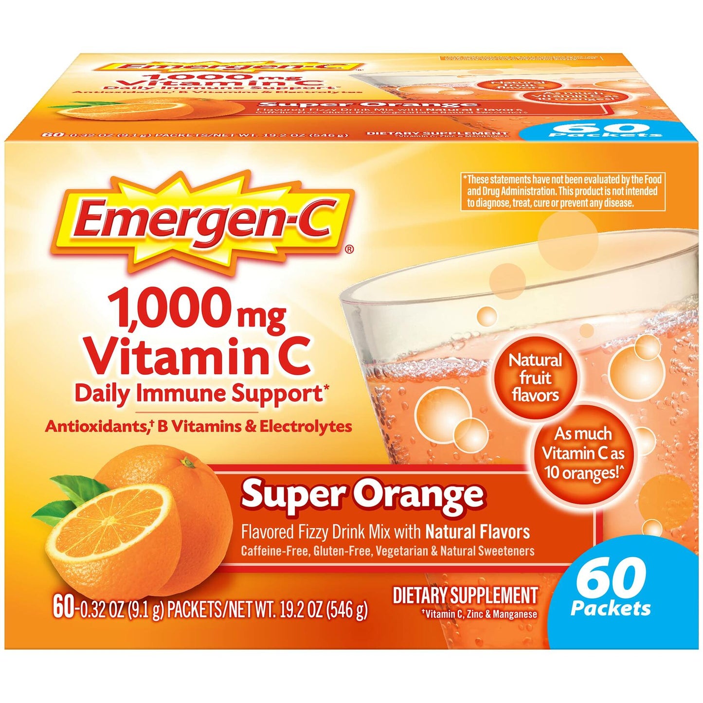 Emergen-C 1000mg Vitamin C Powder for Daily Immune Support Caffeine Free Vitamin C Supplements with Zinc and Manganese, B Vitamins and Electrolytes, Super Orange Flavor -60 Count(Pack of 1)