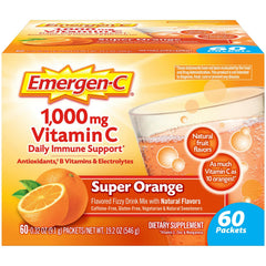 Emergen-C 1000mg Vitamin C Powder for Daily Immune Support Caffeine Free Vitamin C Supplements with Zinc and Manganese, B Vitamins and Electrolytes, Super Orange Flavor -60 Count(Pack of 1)