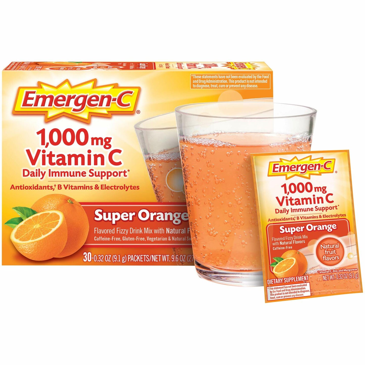 Emergen-C 1000mg Vitamin C Powder for Daily Immune Support Caffeine Free Vitamin C Supplements with Zinc and Manganese, B Vitamins and Electrolytes, Super Orange Flavor -60 Count(Pack of 1)