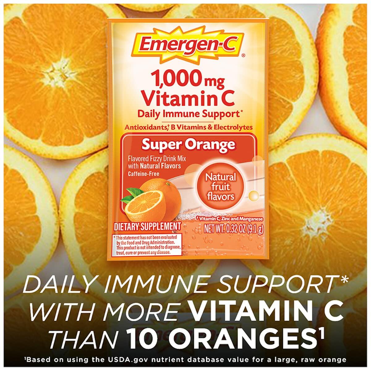 Emergen-C 1000mg Vitamin C Powder for Daily Immune Support Caffeine Free Vitamin C Supplements with Zinc and Manganese, B Vitamins and Electrolytes, Super Orange Flavor -60 Count(Pack of 1)