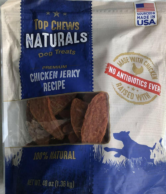 Title - Top Chews 100% Natural Dog Treats Chicken Jerky Recipe 48 OZ (3 LB), Model Number: chicken food