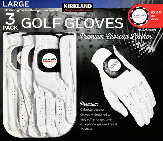 KIRKLAND SIGNATURE Men's Golf Gloves Premium Cabretta Leather, Large, 3 Pack