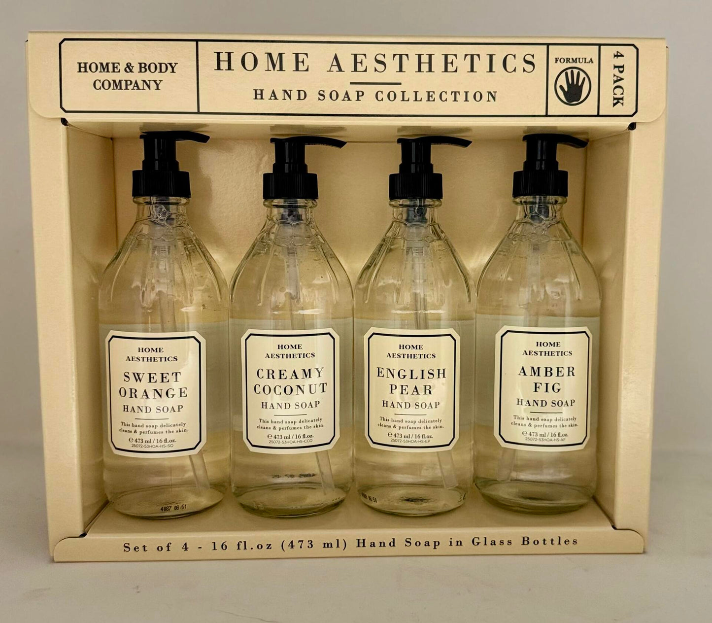 Home and Body Company |Home Aesthetics | Hand Wash Ultra Moisturizing Formula in Glass Bottles | SET OF 4 | Sweet Orange, Creamy Coconut, English Pear, Amber Fig |