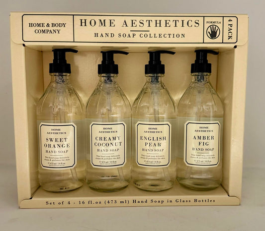 Home and Body Company |Home Aesthetics | Hand Wash Ultra Moisturizing Formula in Glass Bottles | SET OF 4 | Sweet Orange, Creamy Coconut, English Pear, Amber Fig |