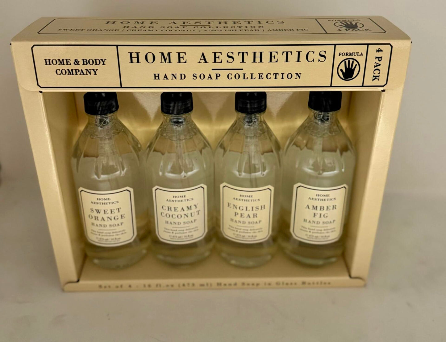 Home and Body Company |Home Aesthetics | Hand Wash Ultra Moisturizing Formula in Glass Bottles | SET OF 4 | Sweet Orange, Creamy Coconut, English Pear, Amber Fig |