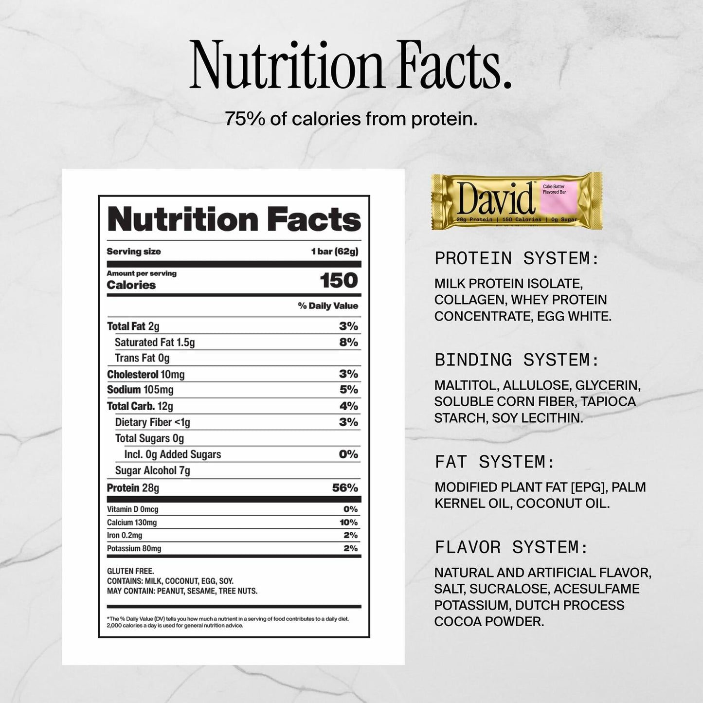 David High Protein Bars No Sugar - Sugar Free Protein Bars, Low Carb, Gluten Free - 28g of Protein, 150 Calories - David Bar On-The-Go Snack - Cake Batter Flavor, Pack of 12