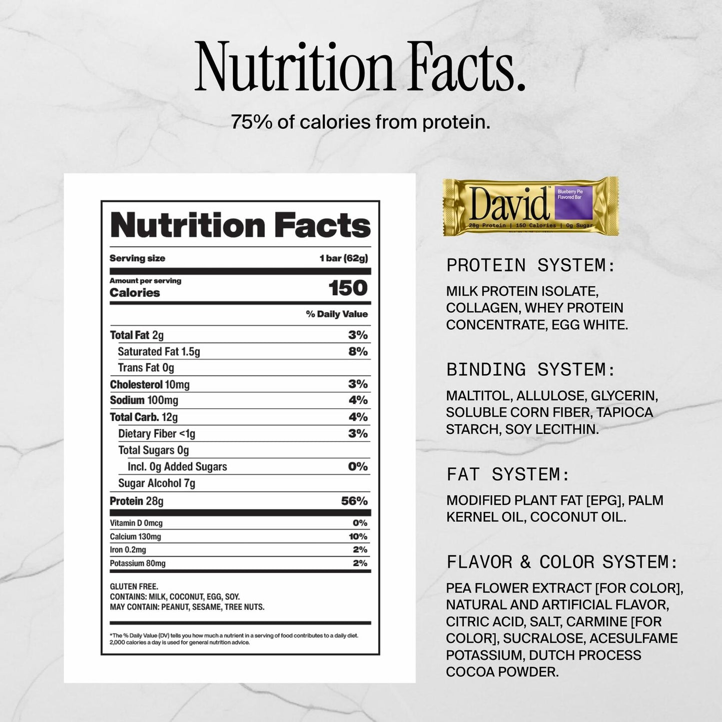 David High Protein Bars No Sugar - Sugar Free Protein Bars, Low Carb, Gluten Free - 28g of Protein, 150 Calories - David Bar On-The-Go Snack - Blueberry Pie Flavor, Pack of 12