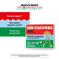 Sun Chlorella 200 mg Green Algae Superfood Supplement - Pulverized Cell Wall - Chlorophyll, CGF, Active B12, Iron, Protein - Non-GMO - 300 Tablets