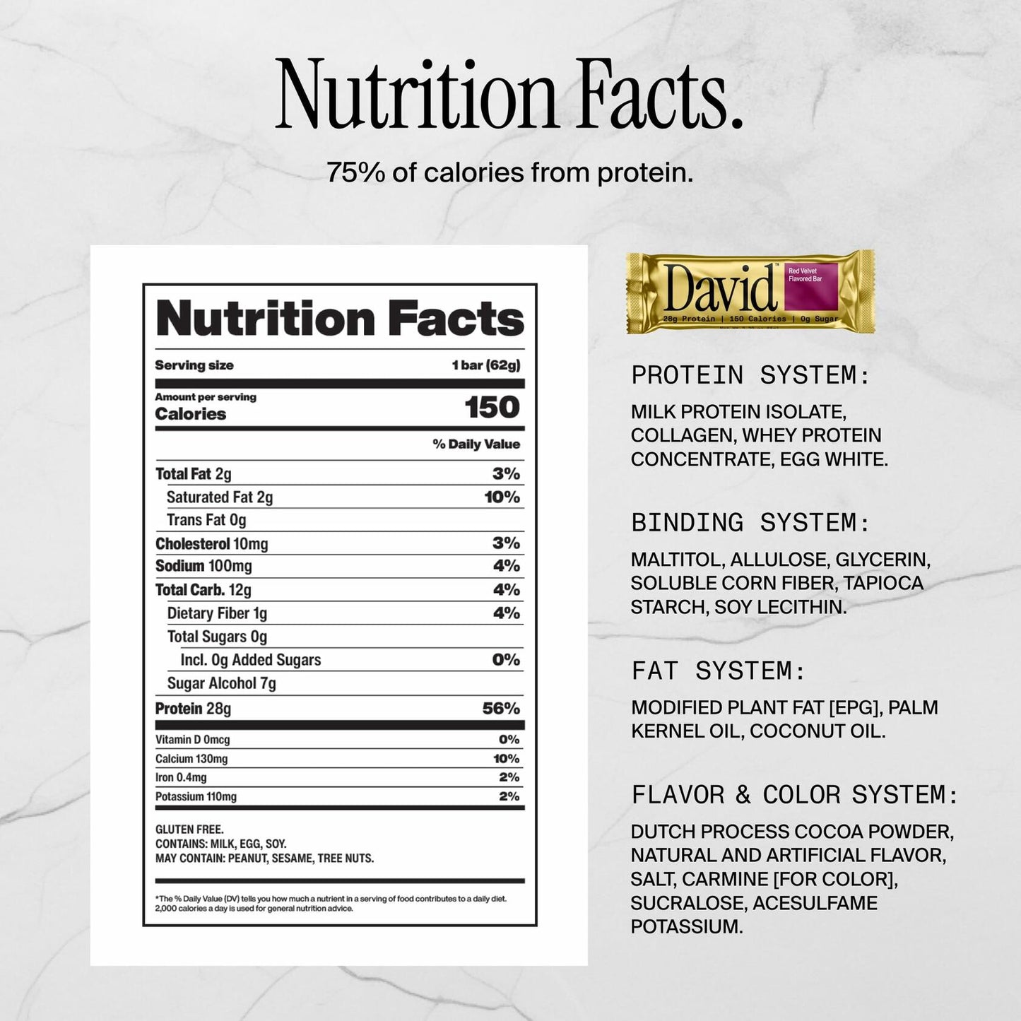 David High Protein Bars No Sugar - Sugar Free Protein Bars, Low Carb, Gluten Free - 28g of Protein, 150 Calories - David Bar On-The-Go Snack - Red Velvet, Pack of 12